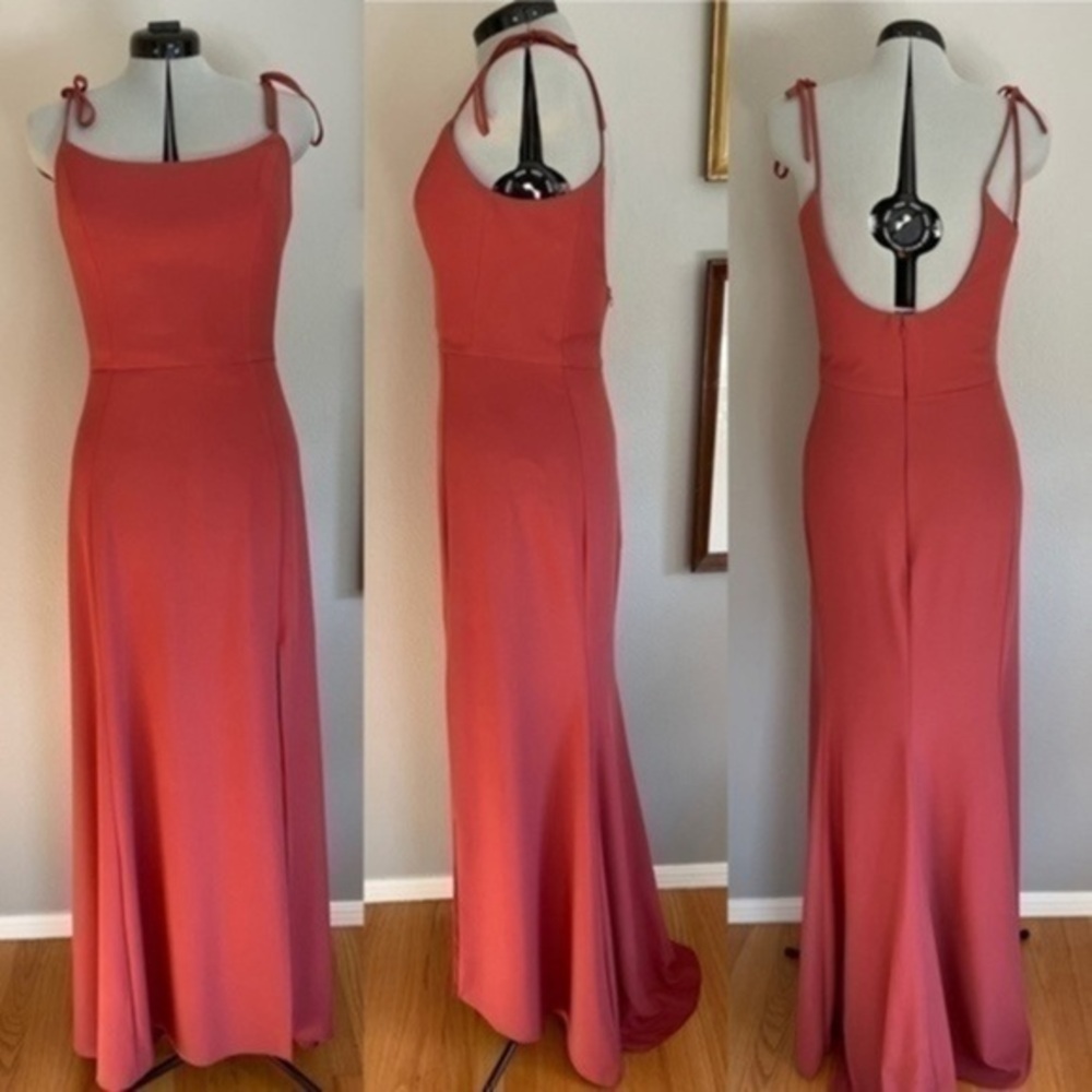 Amsale Cayenne Spaghetti Strap Long Gown Bridesmaid Formal Orange Red Size 12
